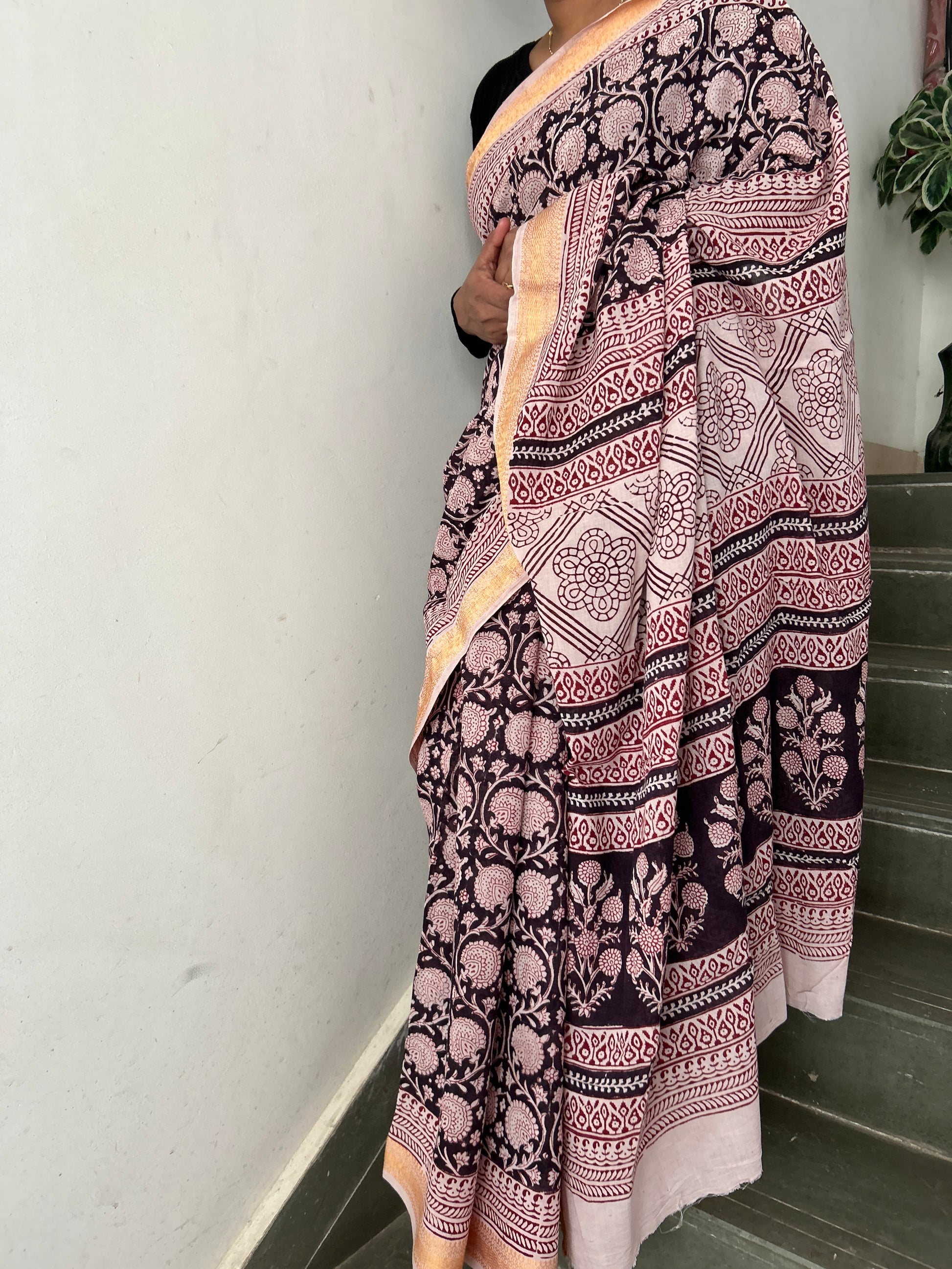 Bagh Print Cotton Saree with Zari Border