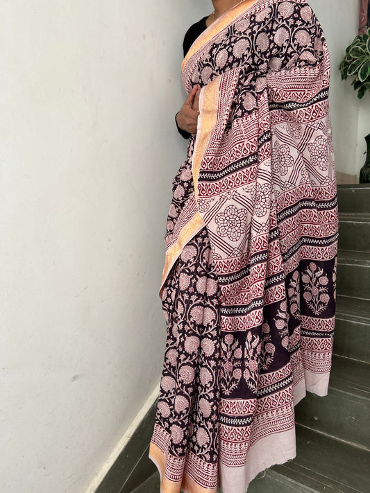 Bagh Print Cotton Saree with Zari Border
