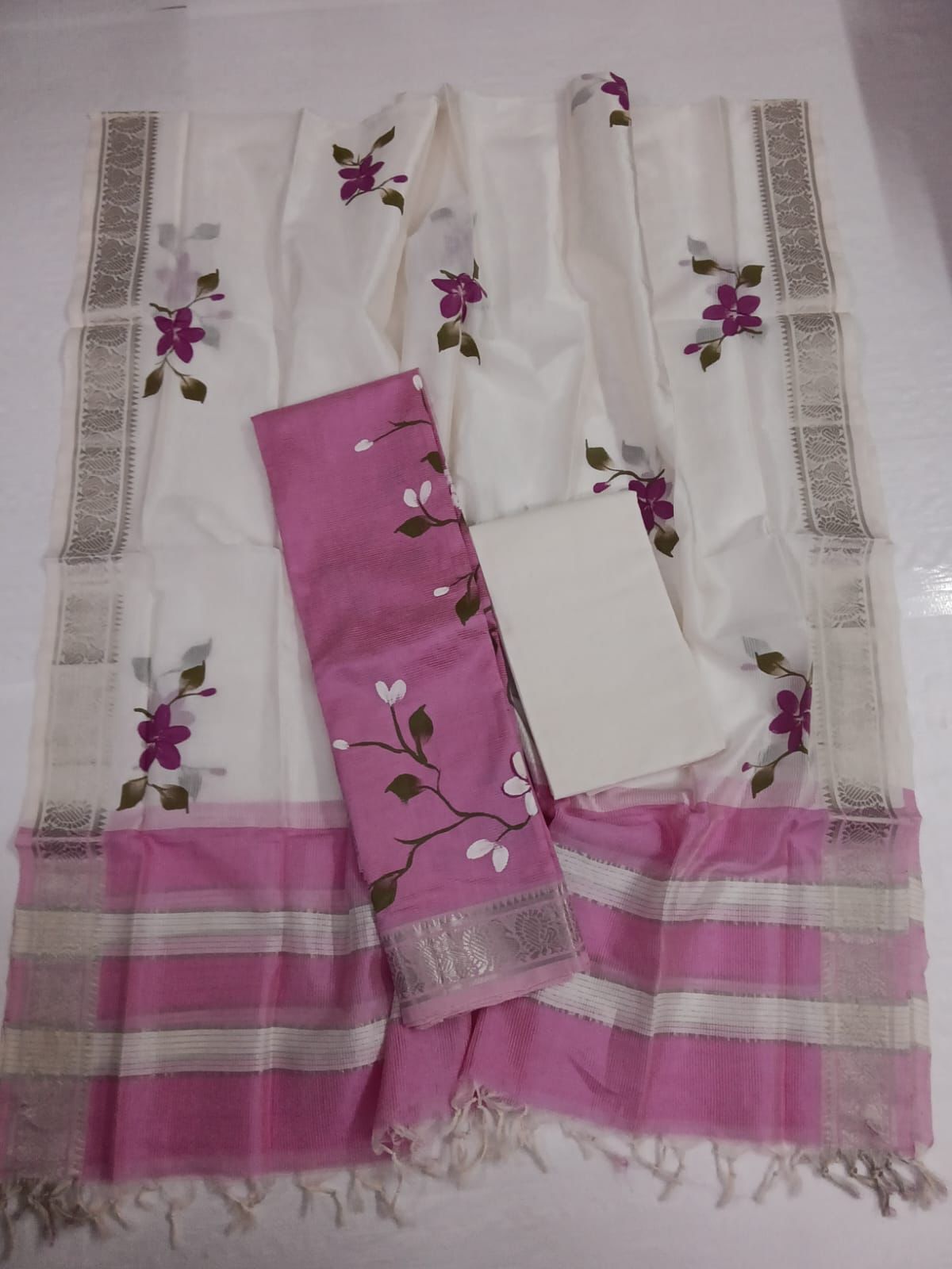 Hand Painted Mangalagiri Silk Dress Material