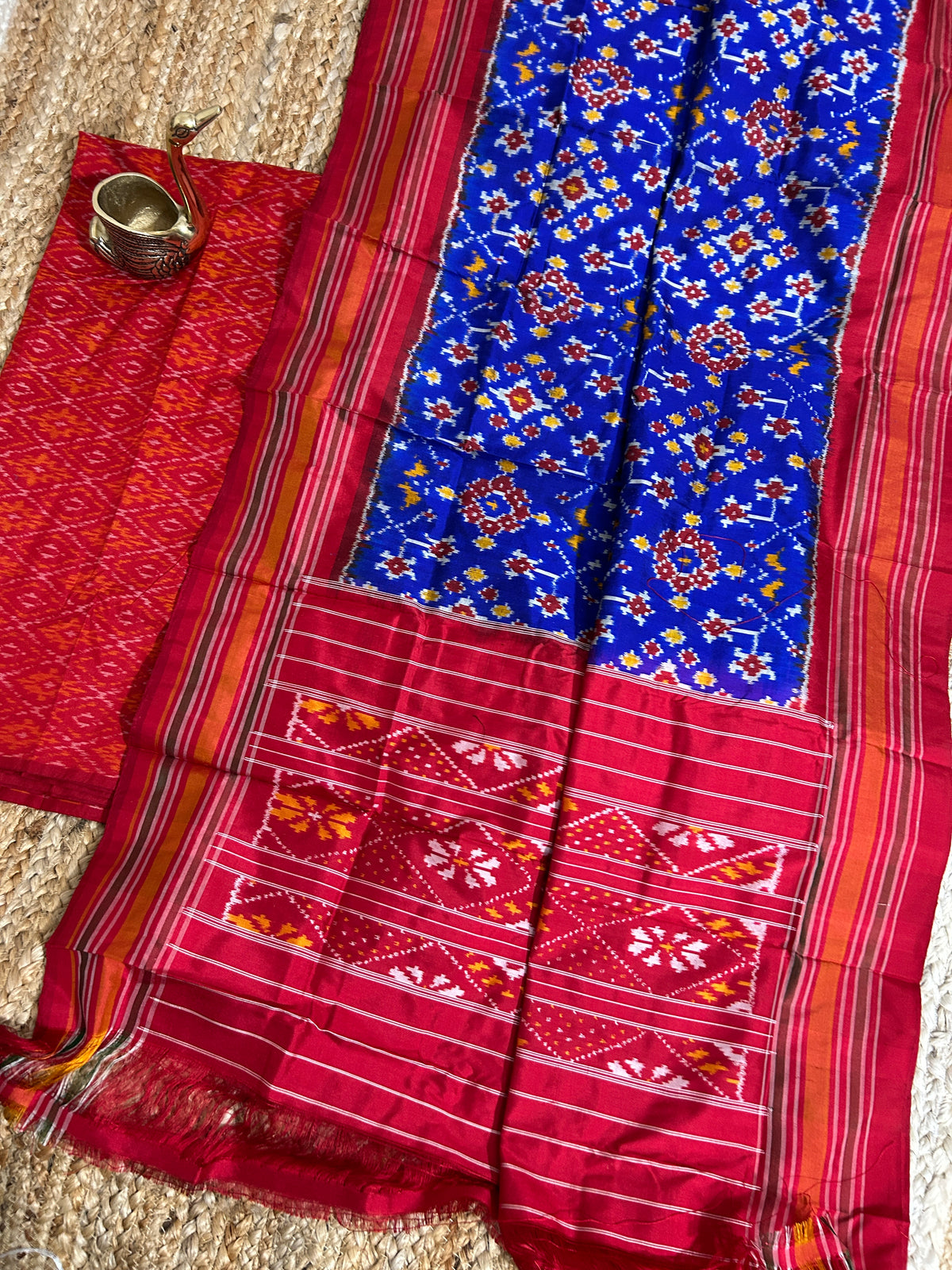 Red Blue Pochampally Pure Silk Dress Material