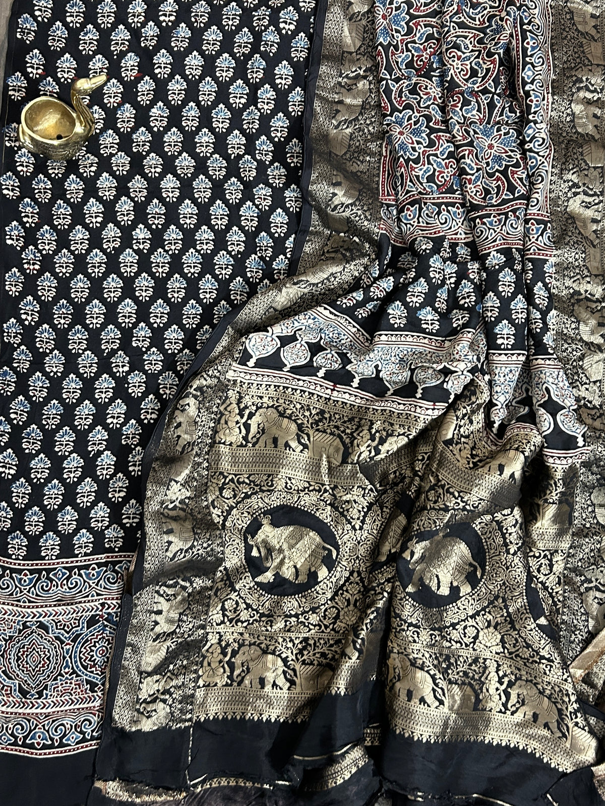 Ajrakh Dola Silk Dress Material wth Banarasee Border Dupatta