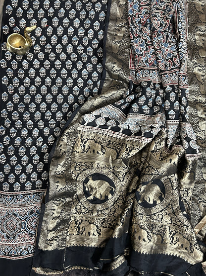 Ajrakh Dola Silk Dress Material wth Banarasee Border Dupatta