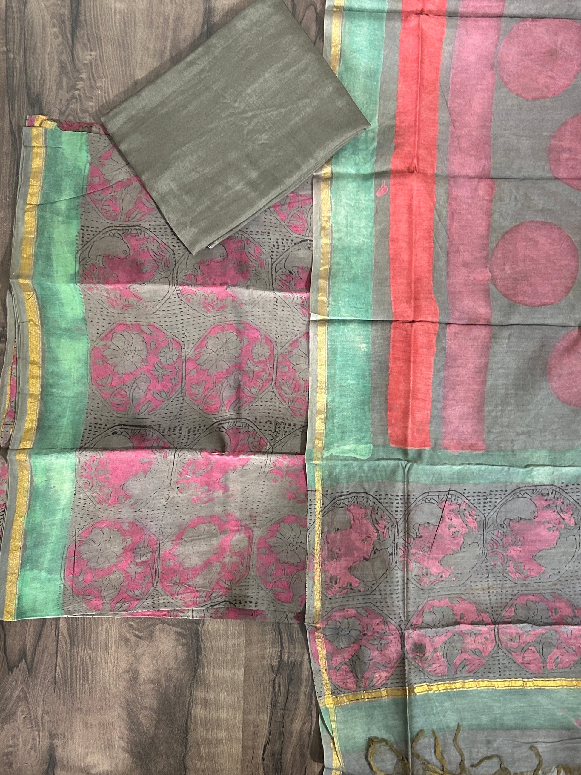Hand Block Printed Chanderi Silk Cotton Dress Material with Shantoon Bottom