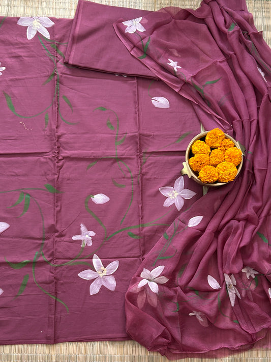 Hand Painted Cotton Dress Material with Chiffon Dupatta