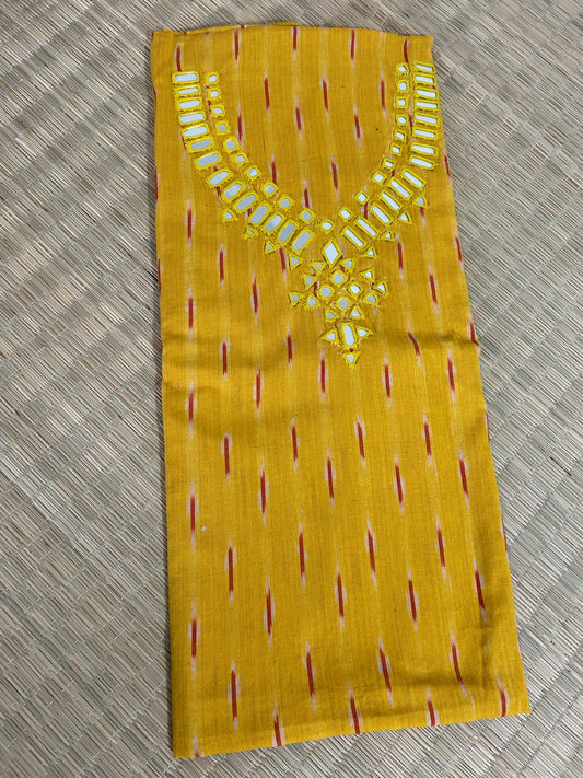 Peach Mirror Work Ikat Cotton Unstitched Kurti