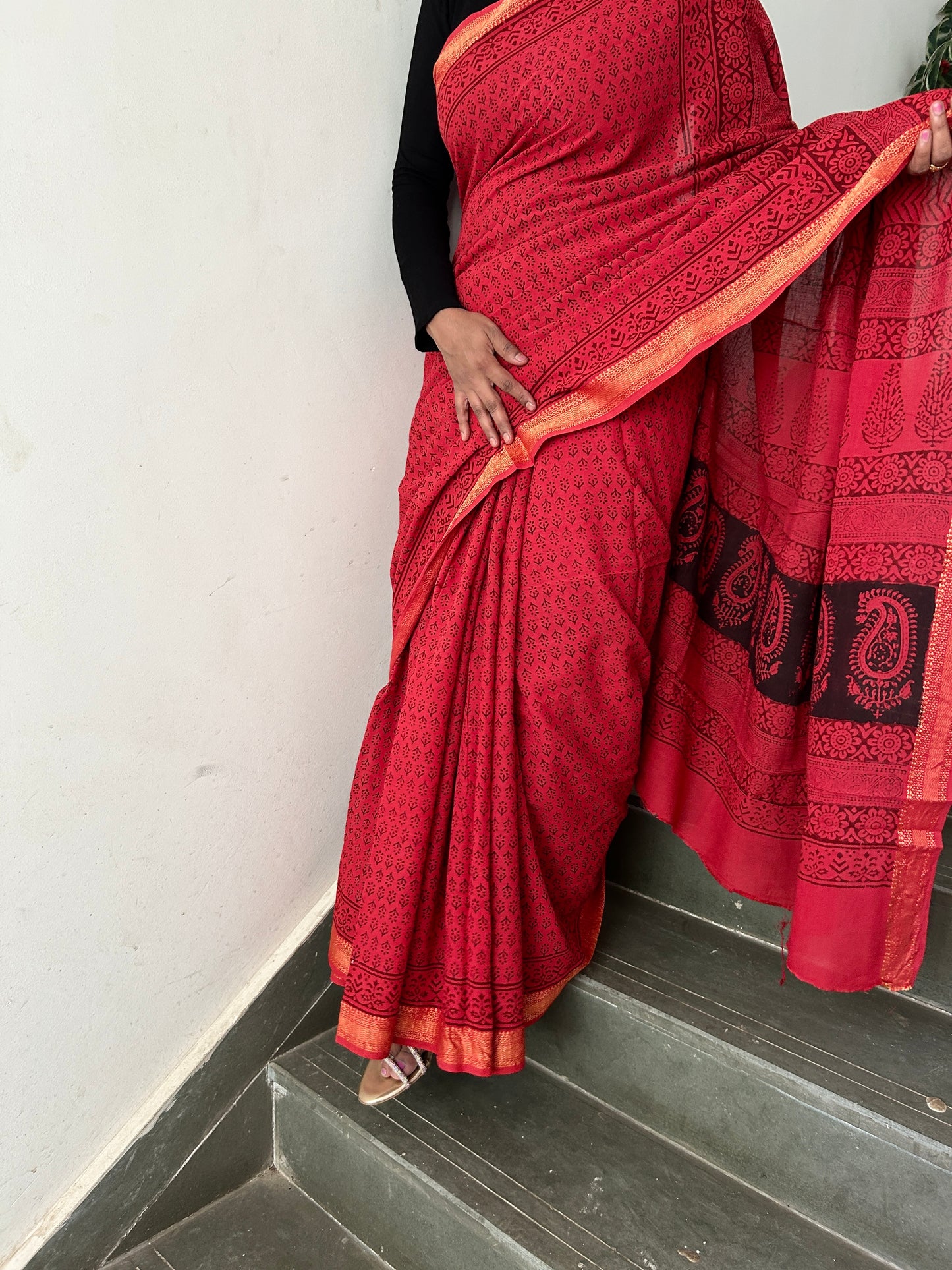 Bagh Print Cotton Saree with Zari Border
