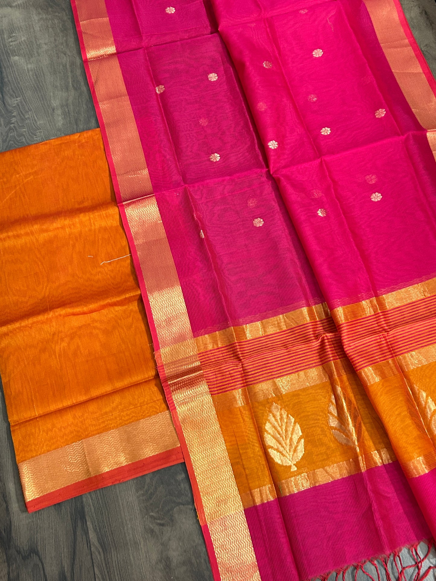 Orange Pink Maheshwari Silk Dress Material