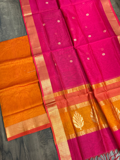 Orange Pink Maheshwari Silk Dress Material