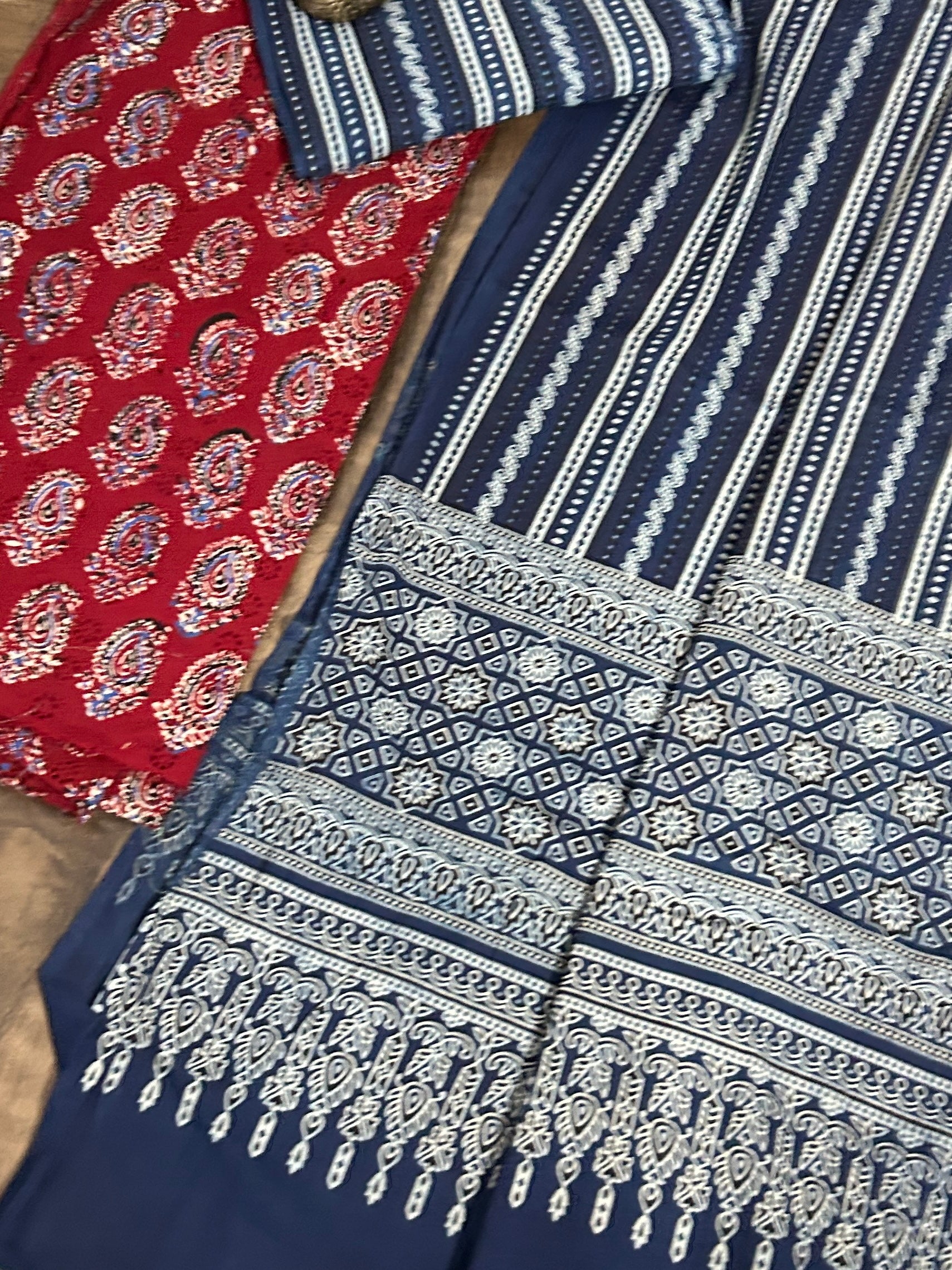 Ajrakh Cotton Dress Material with Hakoba Top