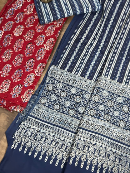 Ajrakh Cotton Dress Material with Hakoba Top