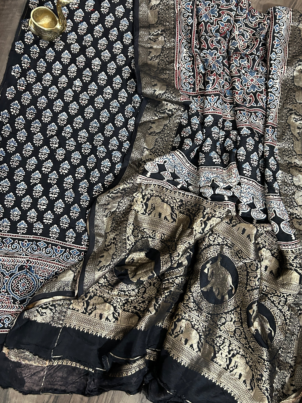 Ajrakh Dola Silk Dress Material wth Banarasee Border Dupatta
