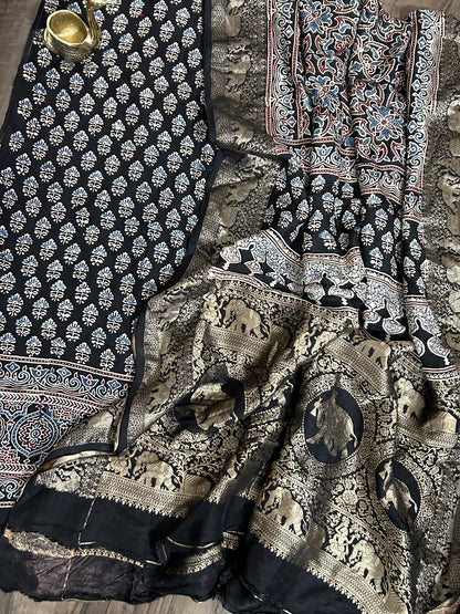 Ajrakh Dola Silk Dress Material wth Banarasee Border Dupatta