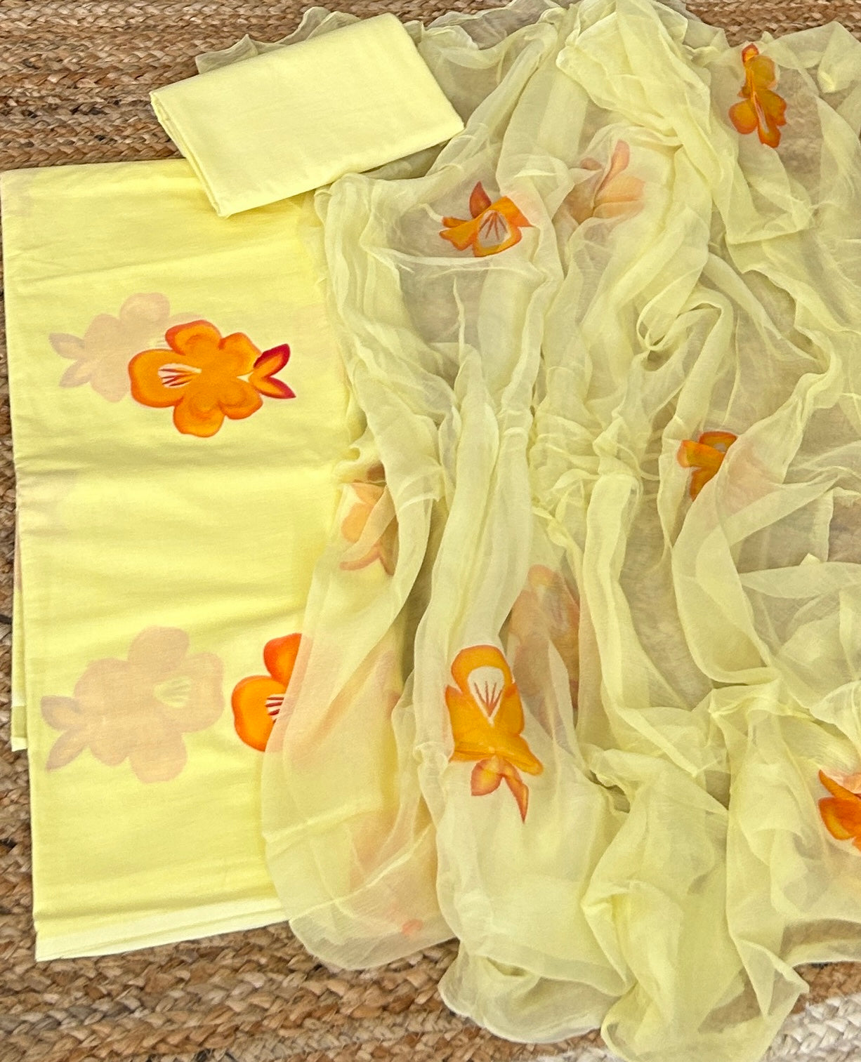 Hand Painted Cotton Dress Material with Chiffon Dupatta