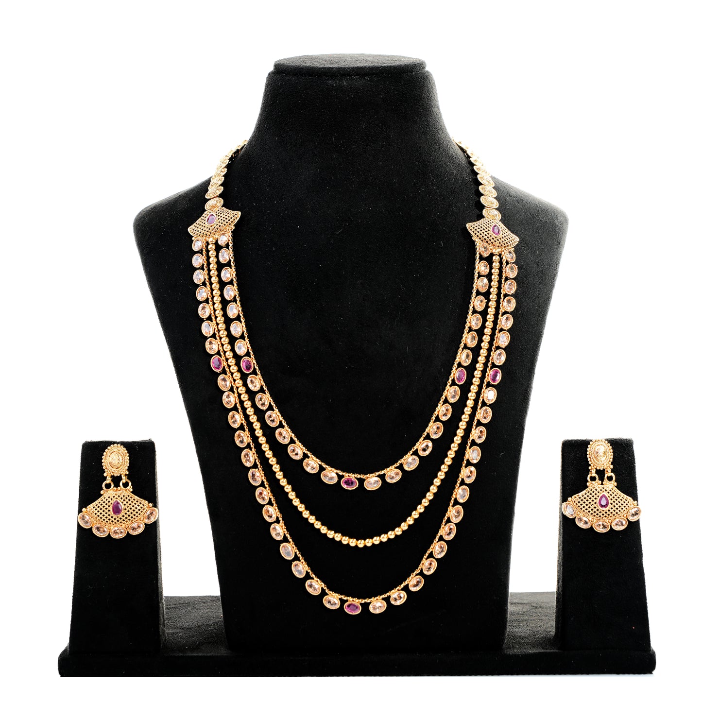 Long 3 layers Necklace with Earrings in Gold Finish - Code- GOLD09