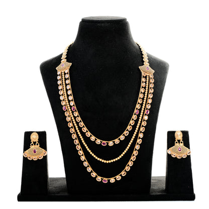 Long 3 layers Necklace with Earrings in Gold Finish - Code- GOLD09