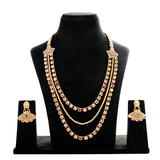 Long 3 layers Necklace with Earrings in Gold Finish - Code- GOLD09
