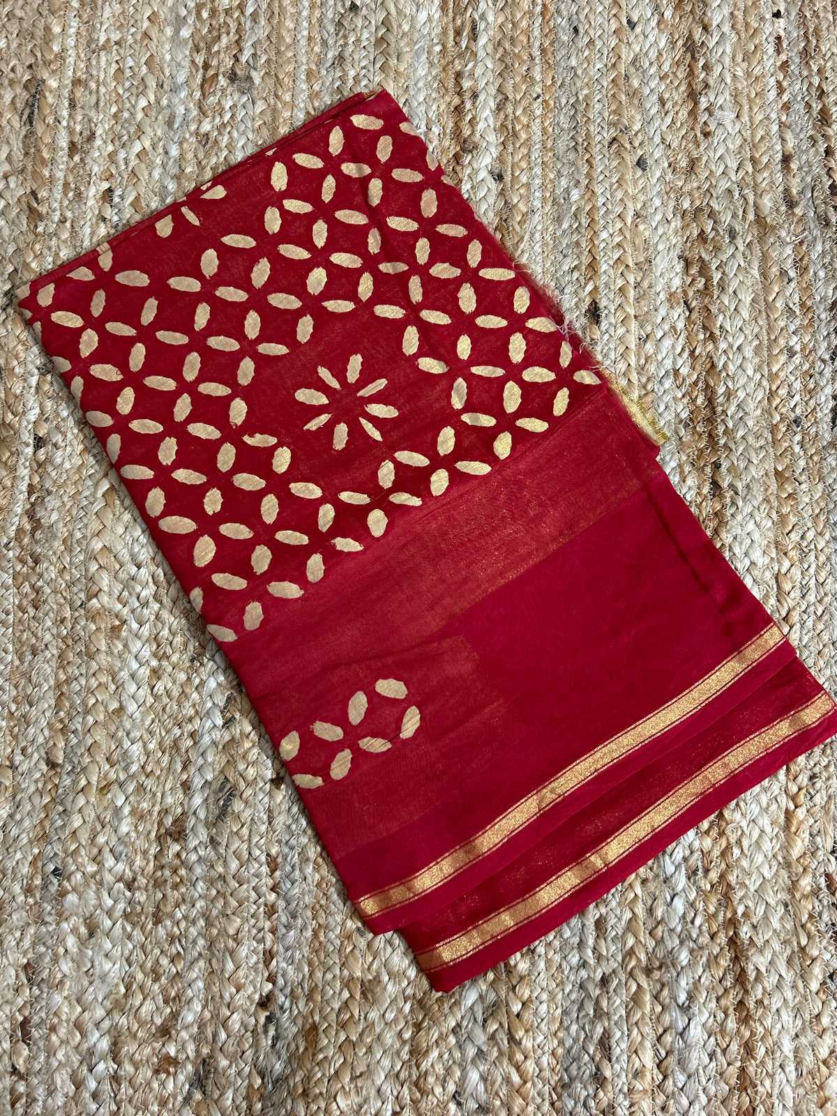 Red Appliqué Work Chanderi Silk Kurti Fabric
