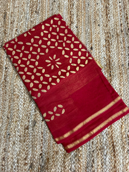 Red Appliqué Work Chanderi Silk Kurti Fabric