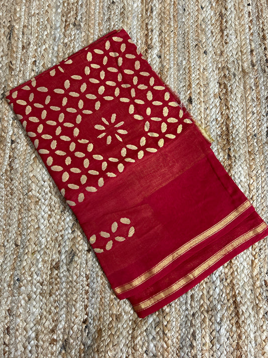 Red Appliqué Work Chanderi Silk Kurti Fabric