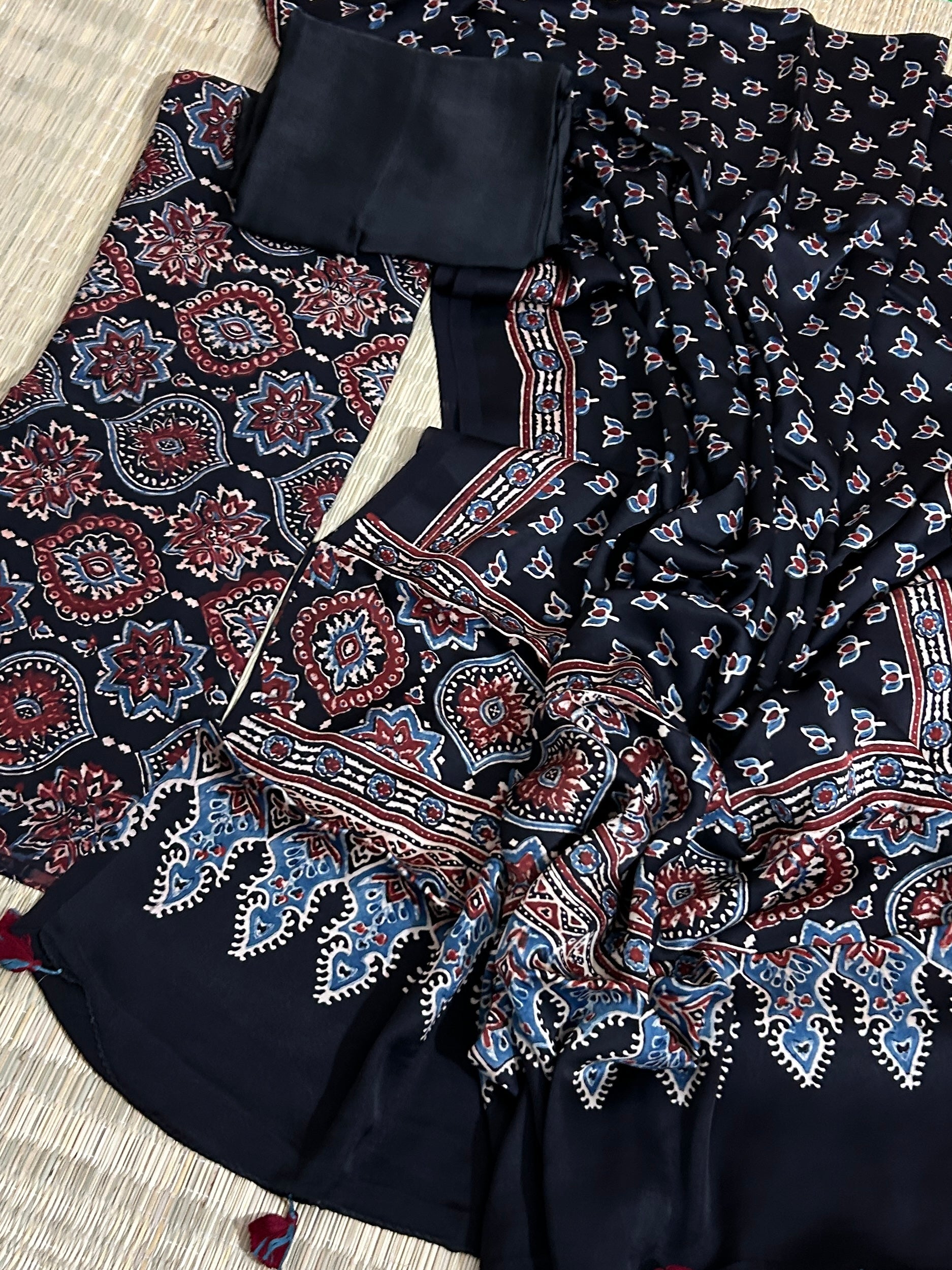 Black Ajrakh Modal Silk Dress Material