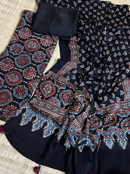 Black Ajrakh Modal Silk Dress Material