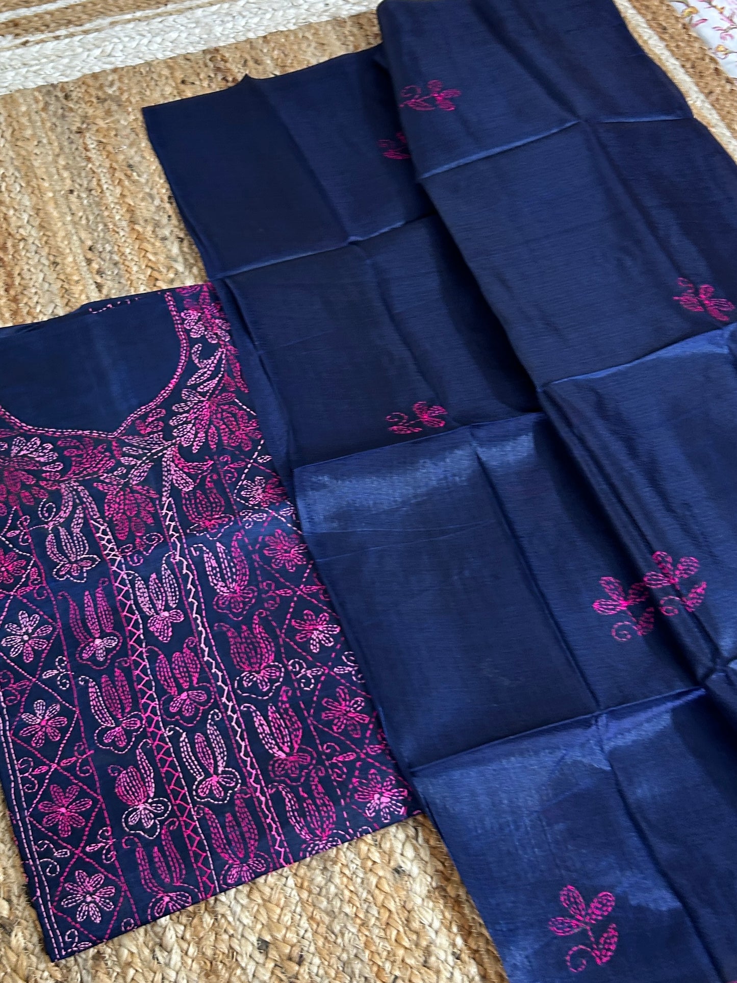 Tussar Silk Cotton Kantha Work top dupatta set