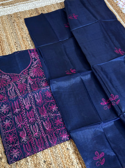Tussar Silk Cotton Kantha Work top dupatta set