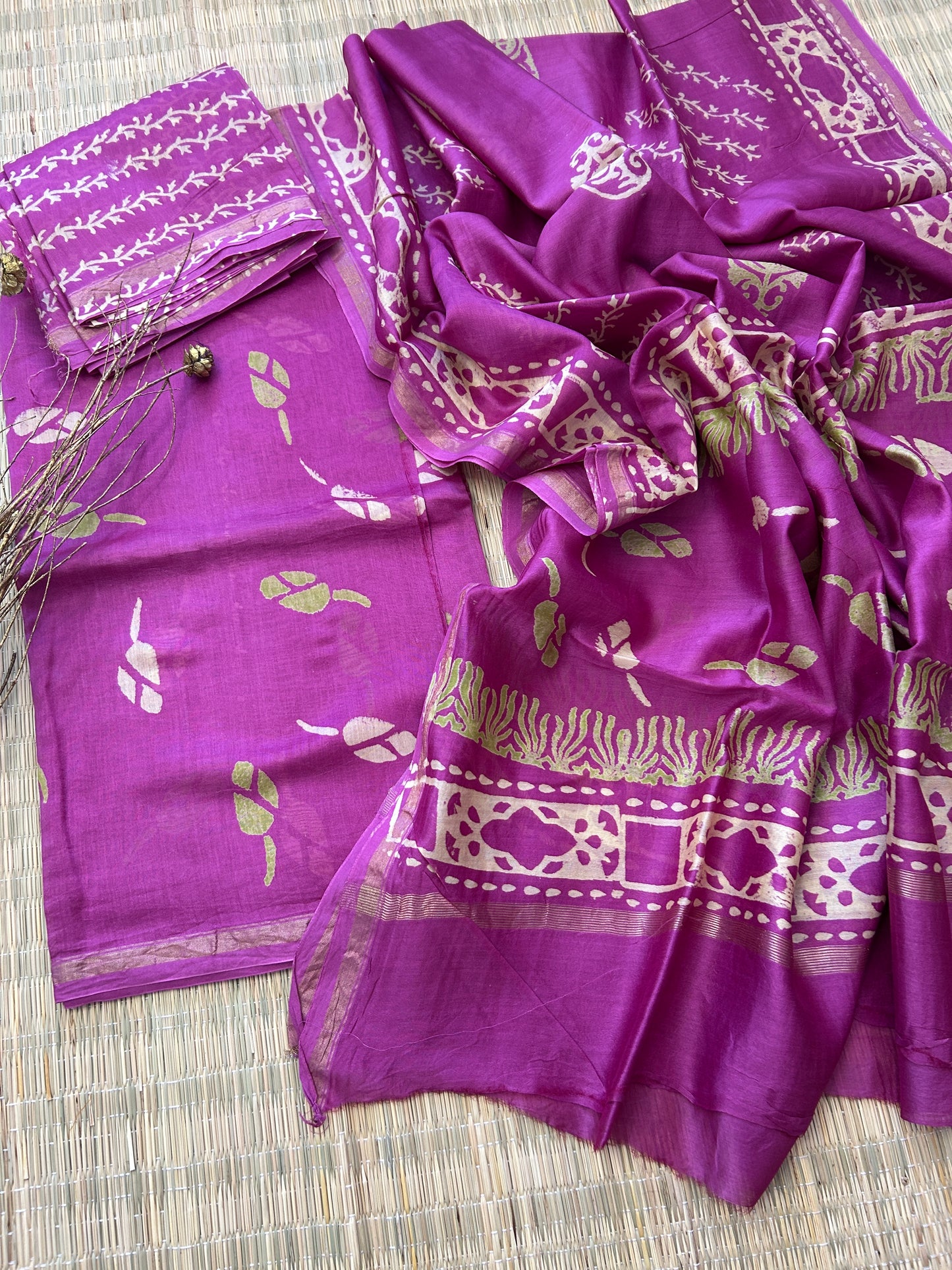 Hand Blockprint Chanderi 4 ply Pure Silk Dress Material with Chanderi silk bottom