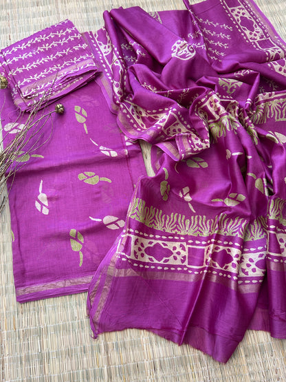 Hand Blockprint Chanderi 4 ply Pure Silk Dress Material with Chanderi silk bottom