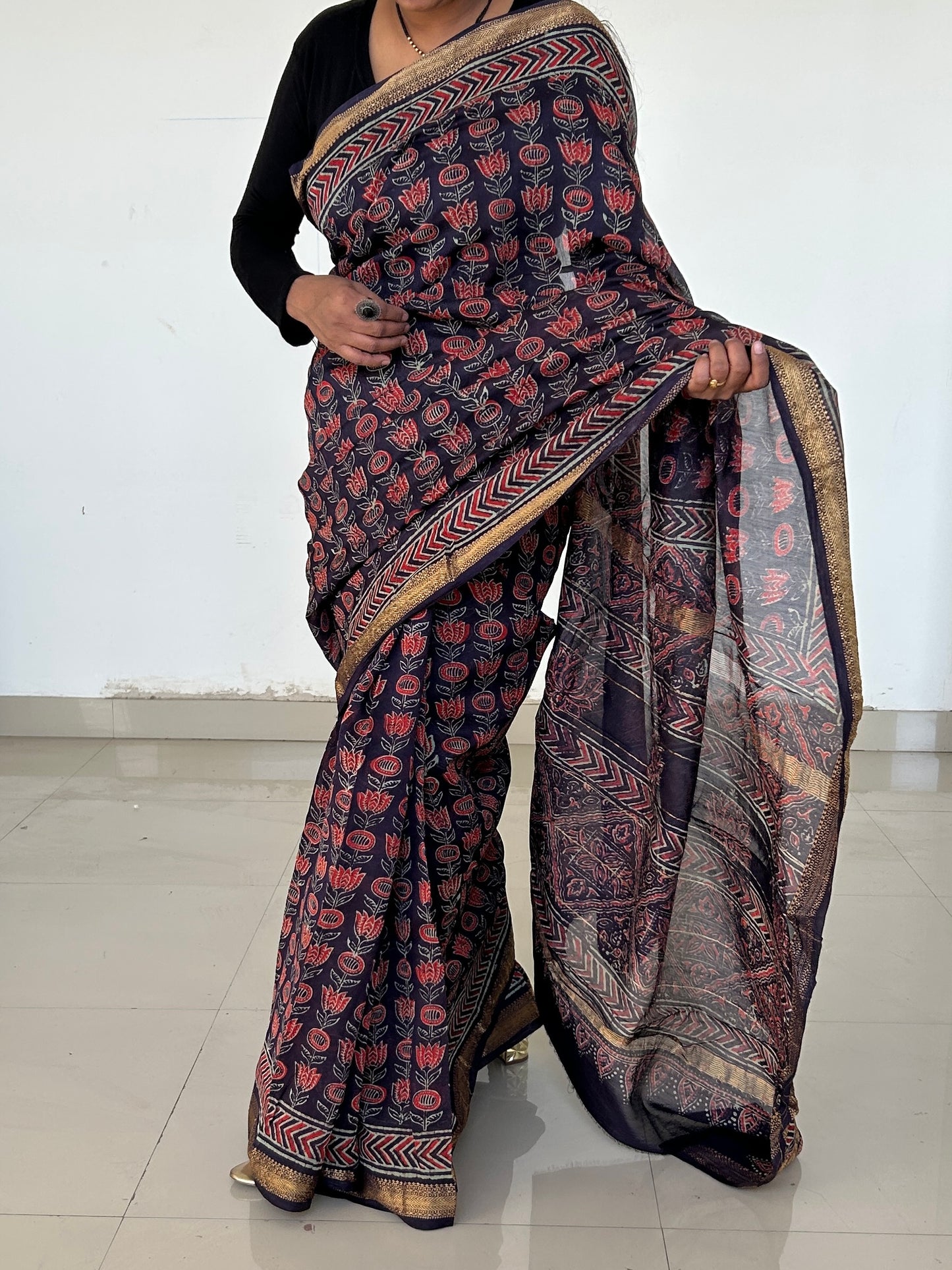 Ajrakh Hand BlockPrint Maheshwari Silk Cotton Saree with Gold zari Border *