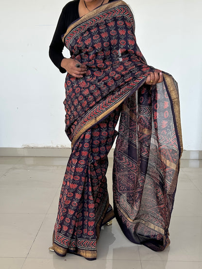 Ajrakh Hand BlockPrint Maheshwari Silk Cotton Saree with Gold zari Border *
