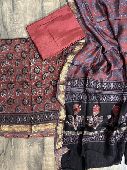 Hand Block Print Maheshwari Silk Dress Material with Shantoon Bottom
