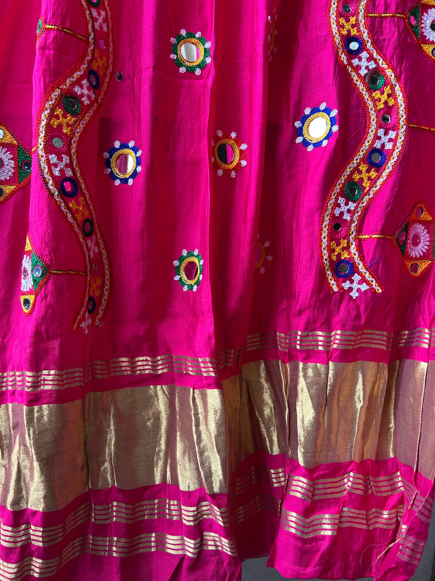Pink Semi Modal Mirror Work and &nbsp;Kutchh Work Dupatta with lagdi patta