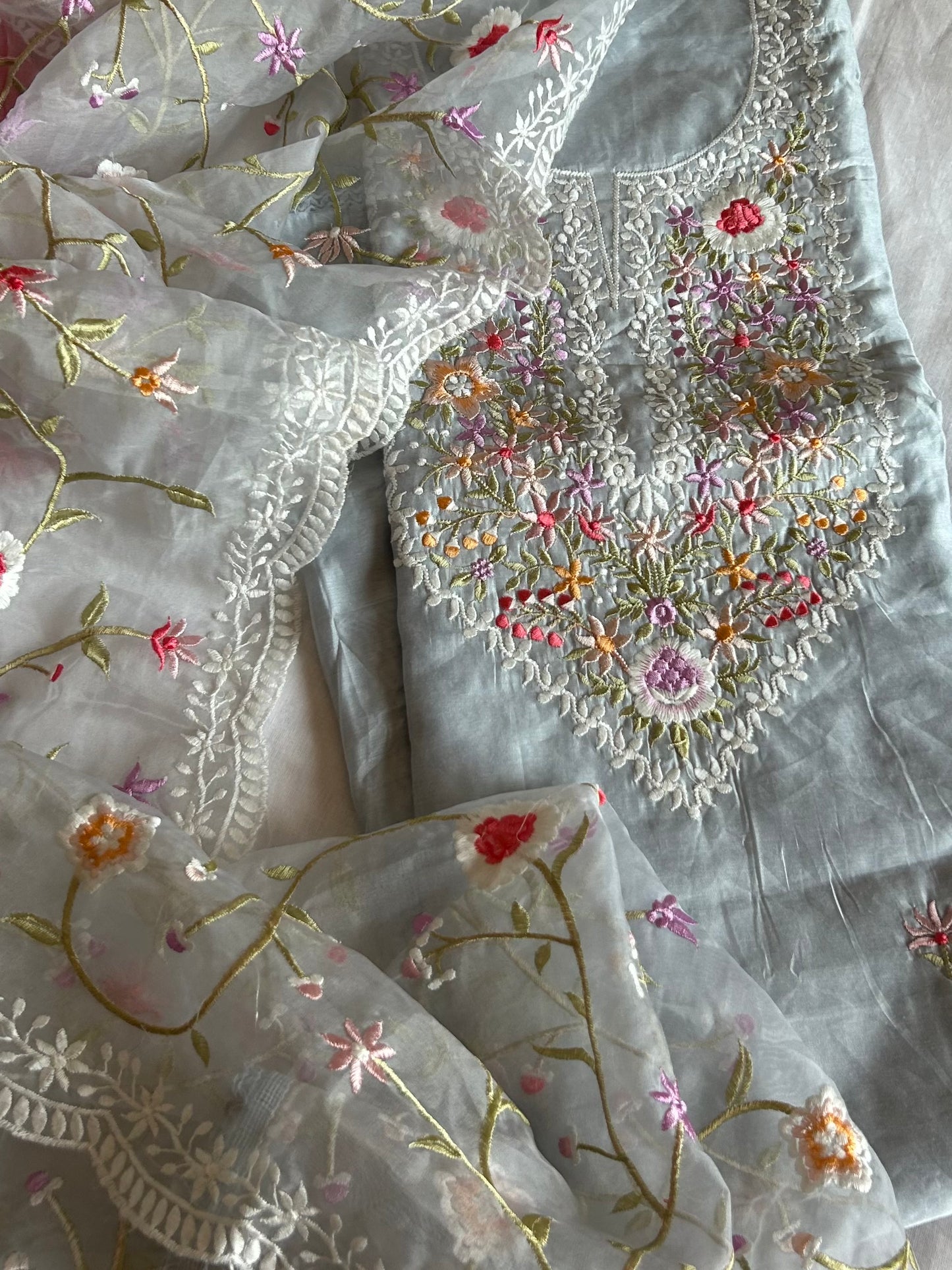 Cotton Dress Material with Embroidered Organza Dupatta