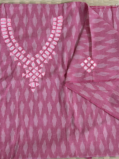 Peach Mirror Work Ikat Cotton Unstitched Kurti
