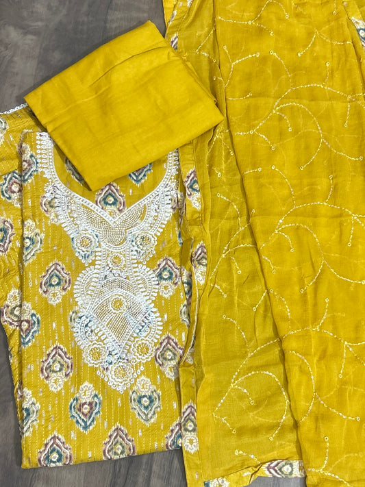 Yellow Embroidered Cotton Dress Material with Chiffon Dupatta&nbsp;