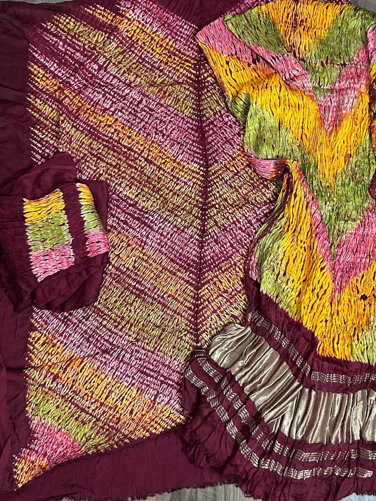 Maroon Multi Coloured Shibori Modal Silk Dress Material