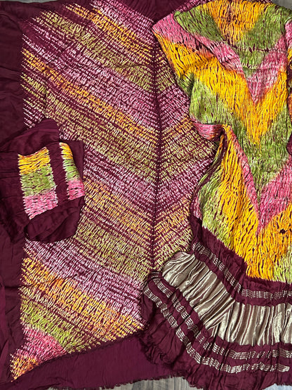 Maroon Multi Coloured Shibori Modal Silk Dress Material