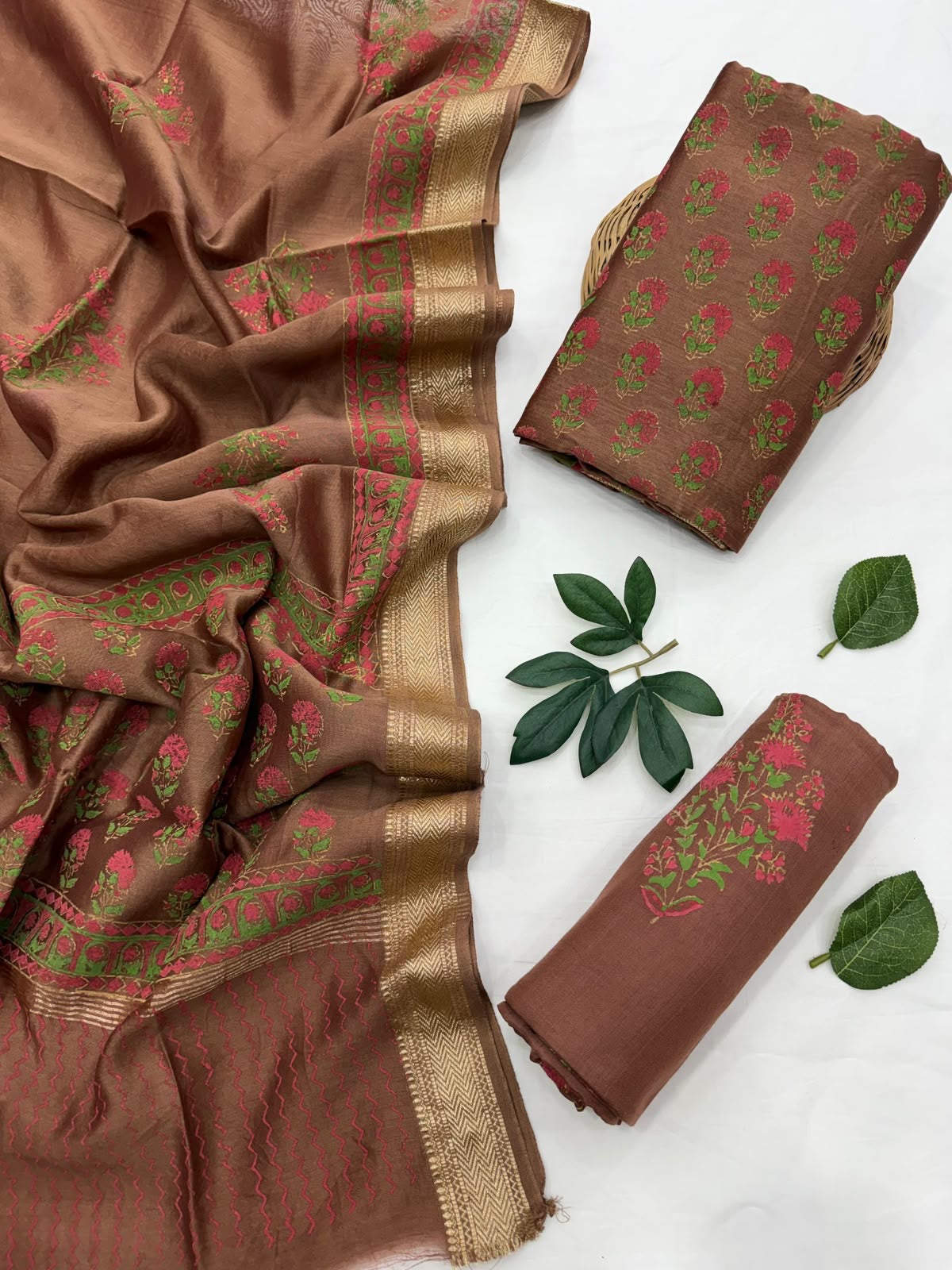 Hand Block Print Maheshwari Silk Dress Material with Shantoon Bottom