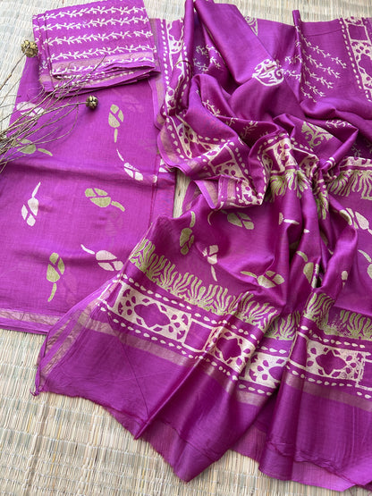 Hand Blockprint Chanderi 4 ply Pure Silk Dress Material with Chanderi silk bottom