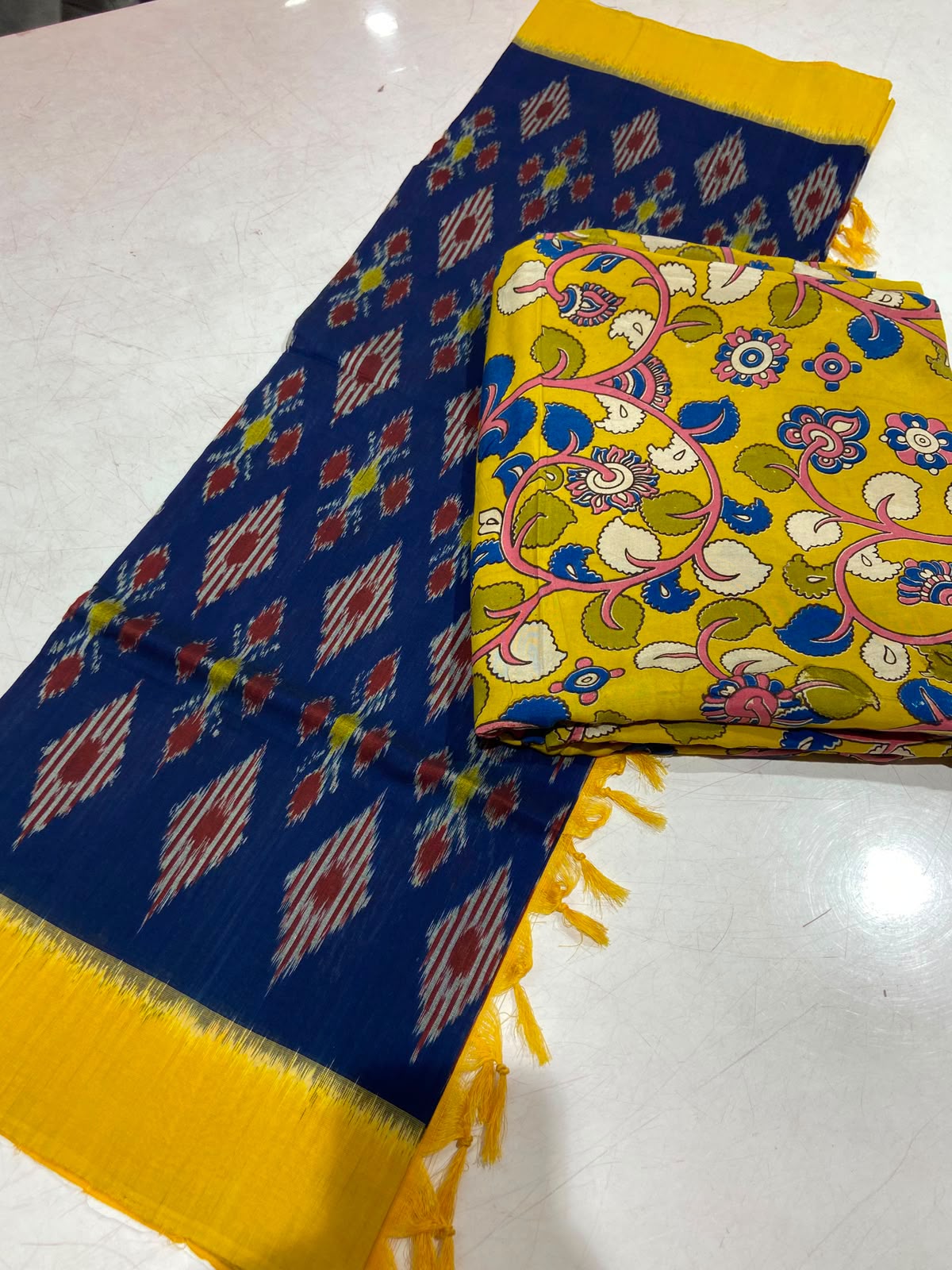 Kalamkari Silk Top with Ikat Mercerized Cotton Dupatta