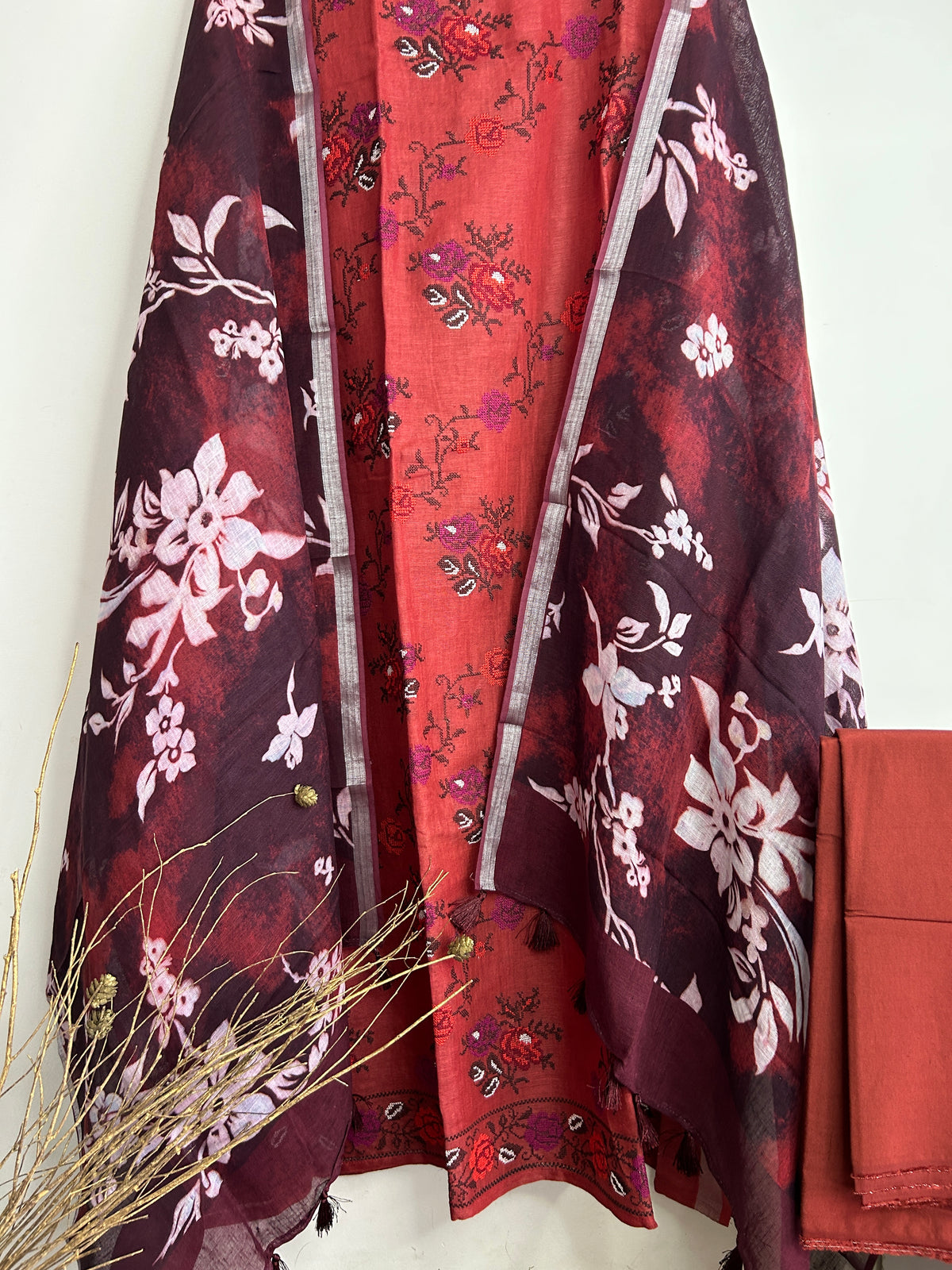 Linen Cotton Dress Material with Cross Stitch Embroidery