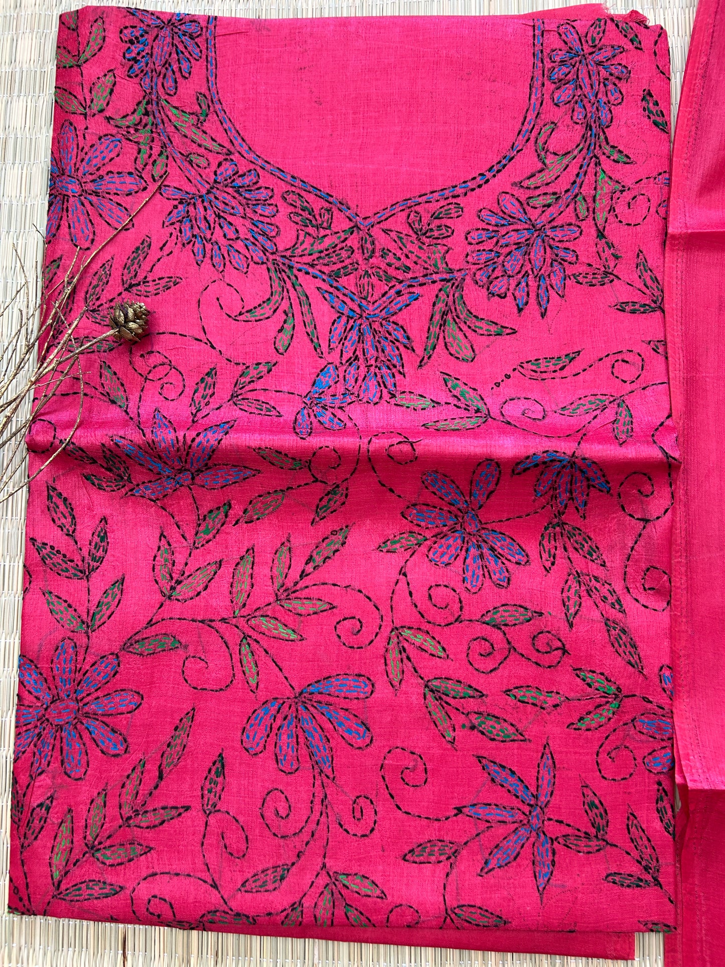 Tussar Silk Cotton Kantha Work top dupatta set