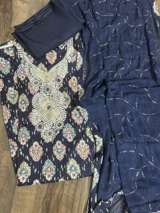 Navy Blue Embroidered Cotton Dress Material with Chiffon Dupatta&nbsp;