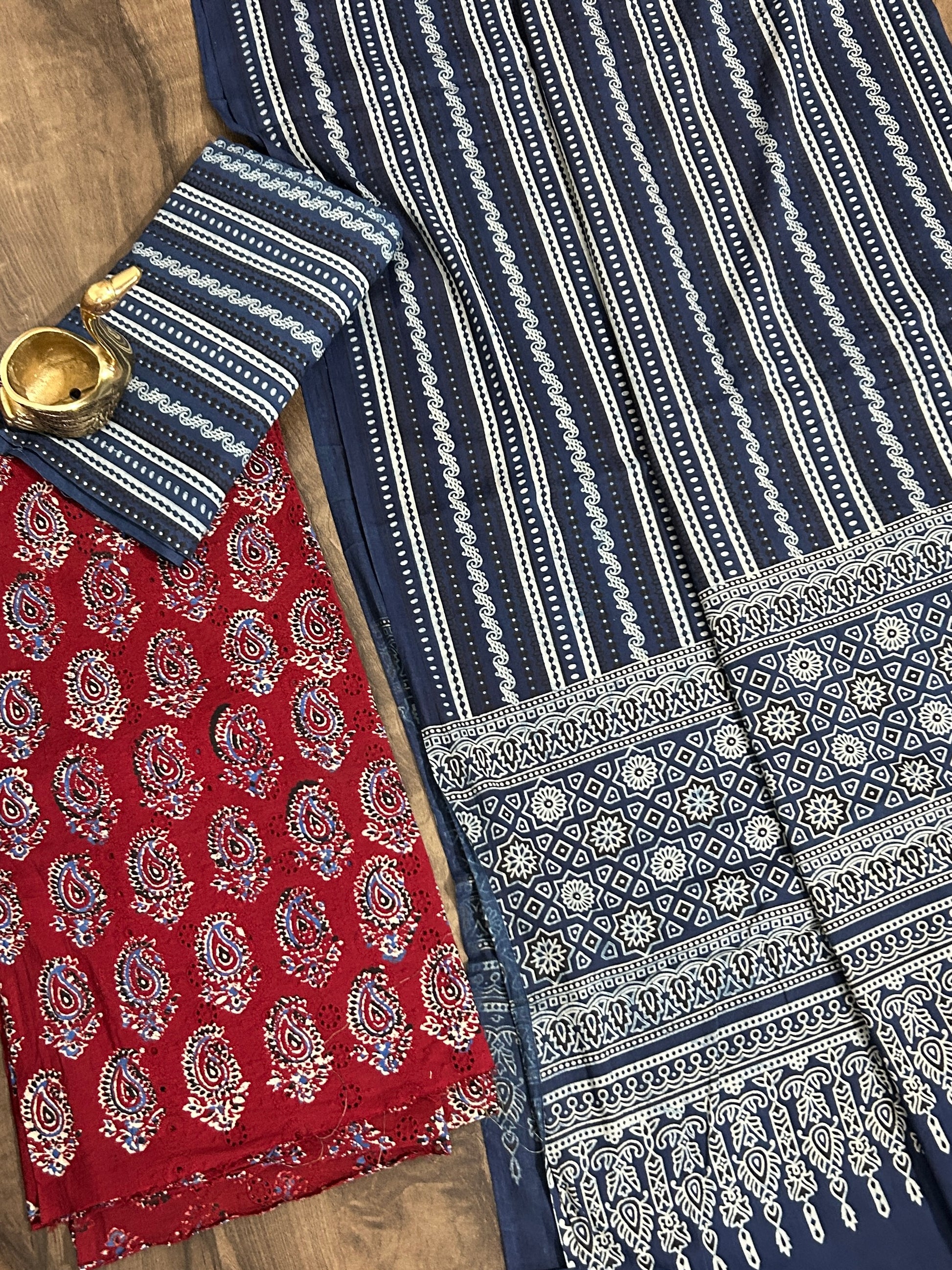 Ajrakh Cotton Dress Material with Hakoba Top