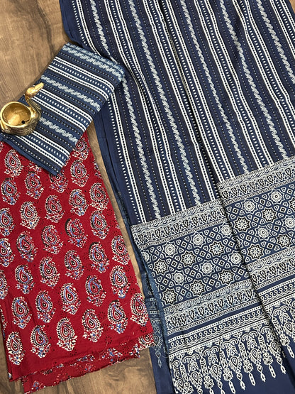 Ajrakh Cotton Dress Material with Hakoba Top