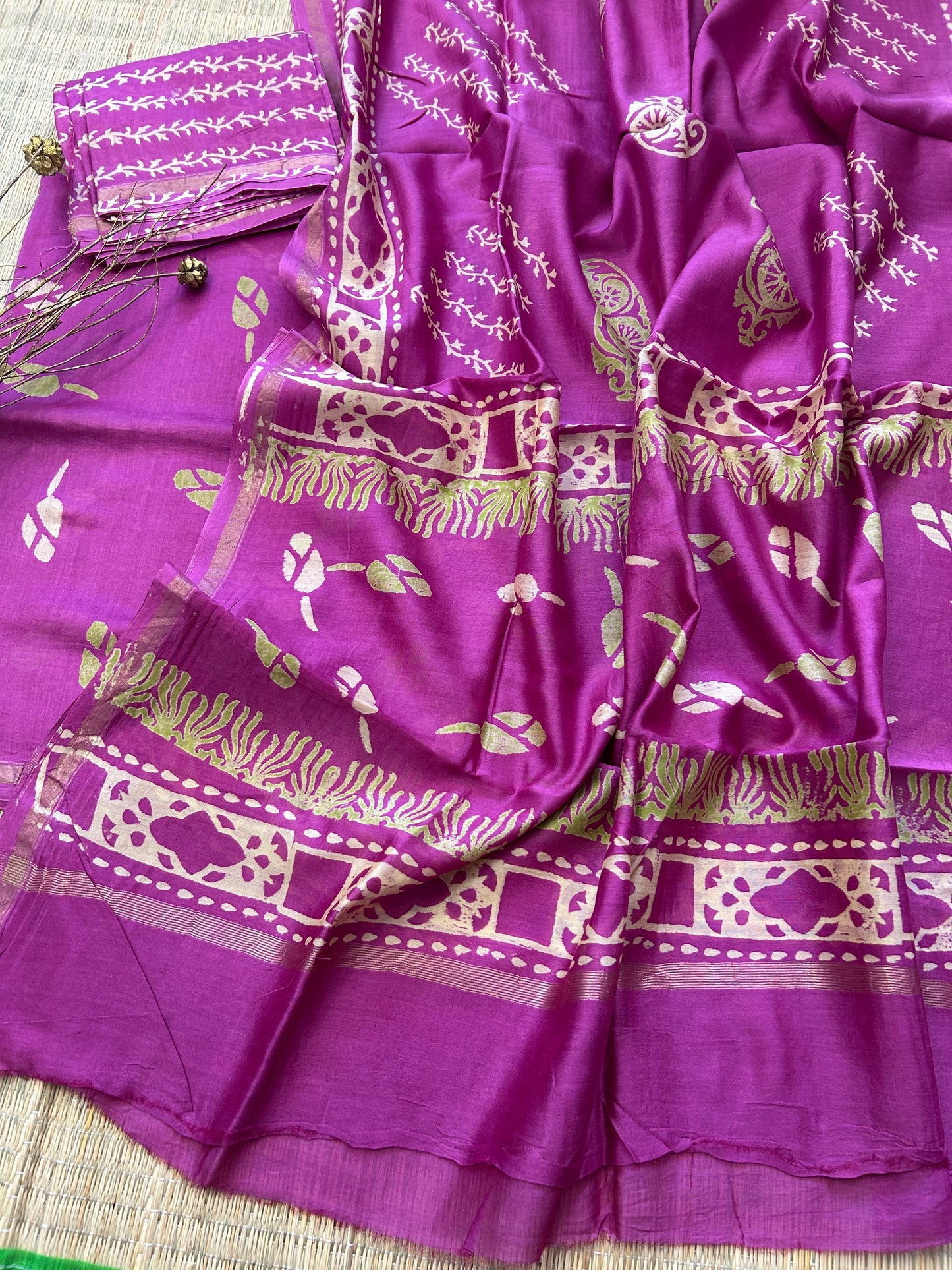 Hand Blockprint Chanderi 4 ply Pure Silk Dress Material with Chanderi silk bottom