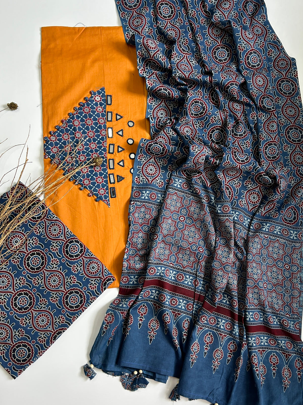 Ajrakh Cotton Dress Material with Original Mirror Work