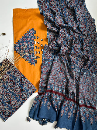 Ajrakh Cotton Dress Material with Original Mirror Work