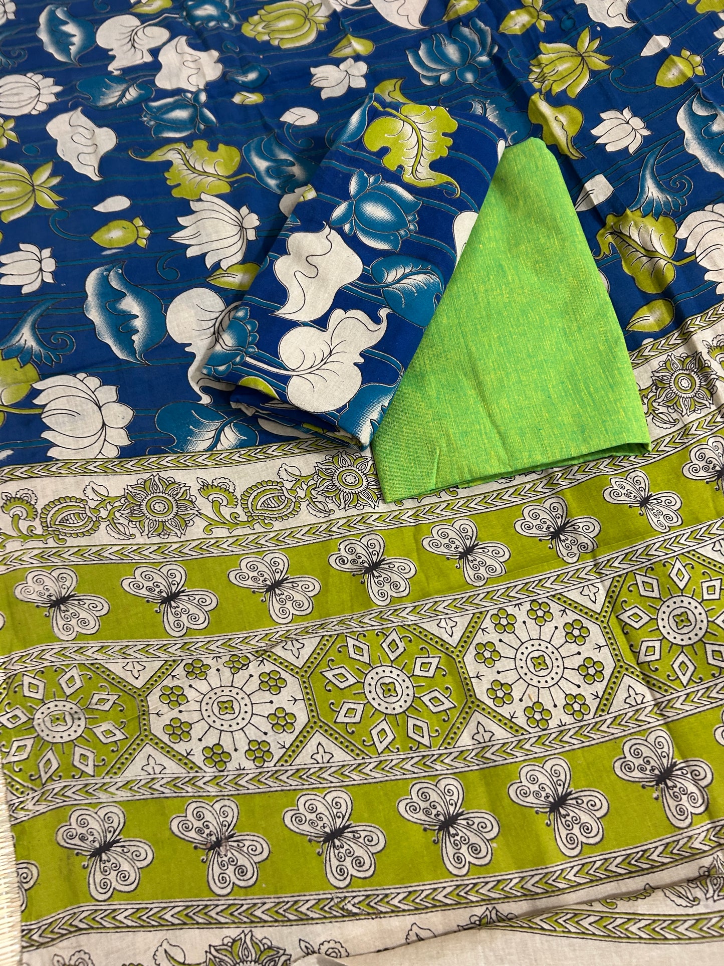 Green Blue Kalamkari Cotton Dress Material